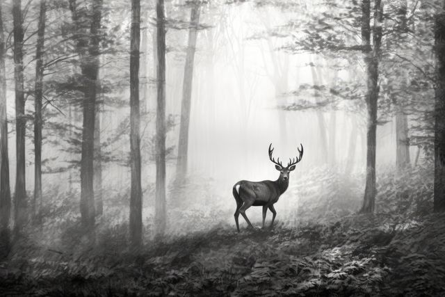 This captivating scene features a deer with large antlers standing in a foggy forest. The monochrome tones highlight the serene, tranquil beauty of nature. Ideal for use in nature-related articles, environmental campaigns, and artwork focusing on wildlife and tranquility.
