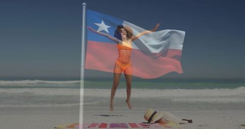 Jumping woman on chile beach with waving flag overlay celebrating summer vacation freedom
