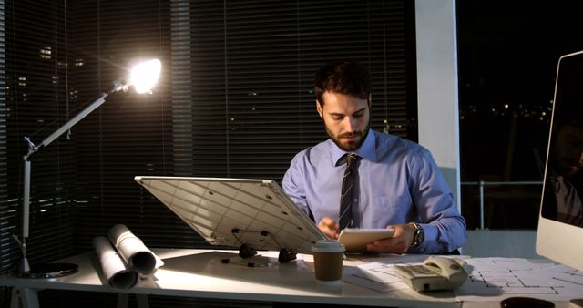 Nighttime Architect Working Late in Office - Download Free Stock Images Pikwizard.com