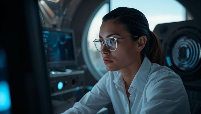 Female engineer monitoring high-tech control station wearing glasses and white shirt