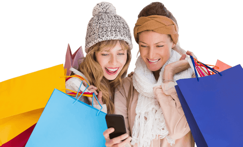 Transparent Shoppers Viewing Mobile in Winter Attire with Colorful Bags