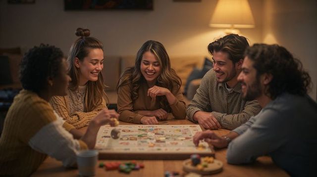 Friends playing cozy board game at home around wooden table with colorful tokens