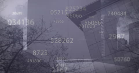 Animated Numbers Over Modern Architecture Symbolizing Financial Growth