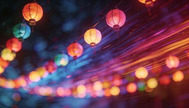Glowing Paper Lantern Canopy with Colorful Bokeh and Neon Light Trails for Night Festival