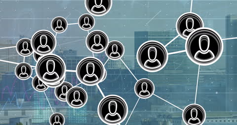 Digital Network of Profile Icons Over Cityscape