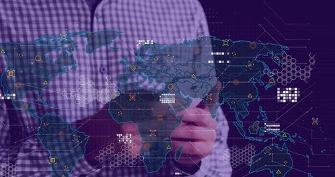 Tapping smartphone showing holographic global map interface with futuristic data hud