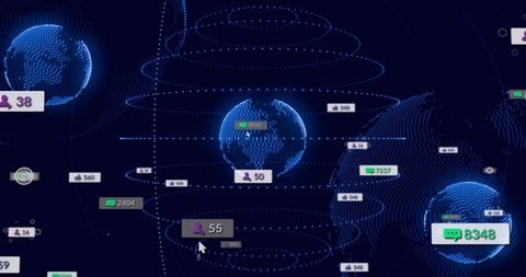 Neon Dotted Globe Visualizing Global Network and Social Media Metrics with User Badges