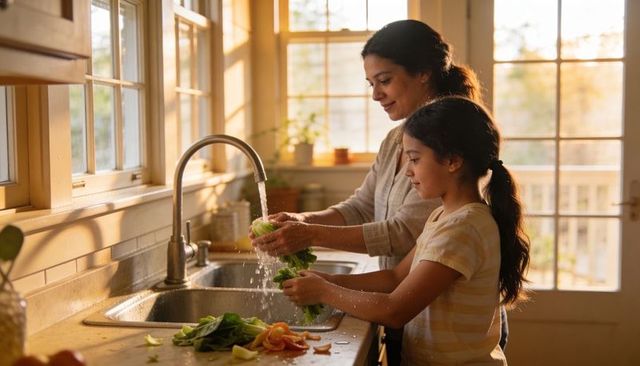 Mother and daughter washing leafy greens in sunlit kitchen sink teaching healthy habits