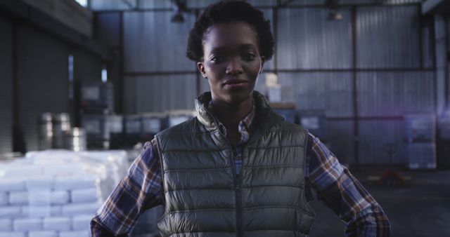 Female worker standing confidently in a warehouse. Background includes stacks of materials and industrial lights. Suitable for uses related to employment, logistics, industry, manual labor, diversity, and workplace confidence.