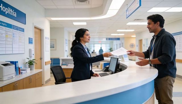 Receptionist handing paperwork to patient at hospital front desk, clinical reception