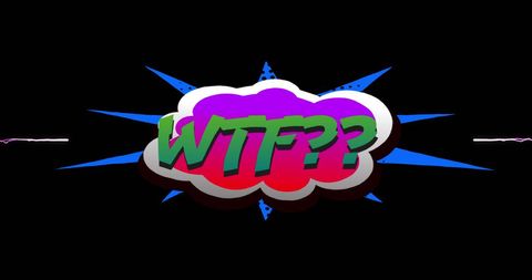 Colorful comic style wtf text on black background