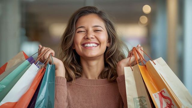 Smiling young woman holding colorful shopping bags enjoying mall retail therapy