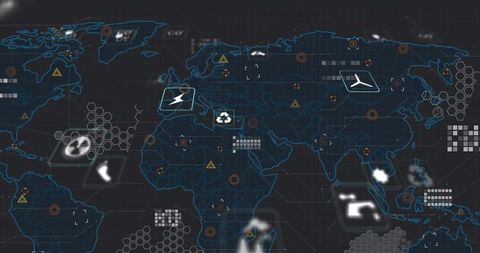 Global operations dashboard showing neon HUD world map with aviation, energy, recycle icons