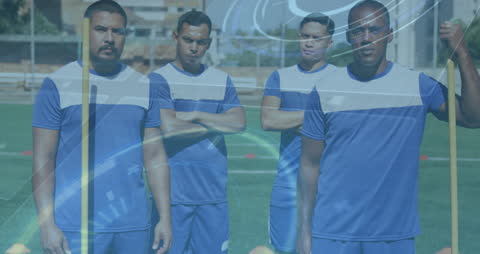 Diverse Athletes Pose on Soccer Field Captured in Holistic Overlay