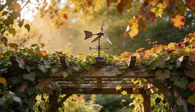 Rustic anemometer on ivy-covered wooden pergola bathed in warm autumn sunlight