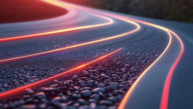 Winding asphalt road at twilight with vivid red-orange light trails