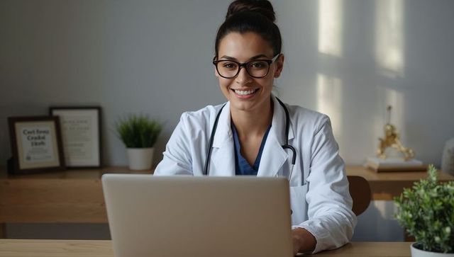 Smiling female physician using laptop at clinic desk wearing lab coat and stethoscope