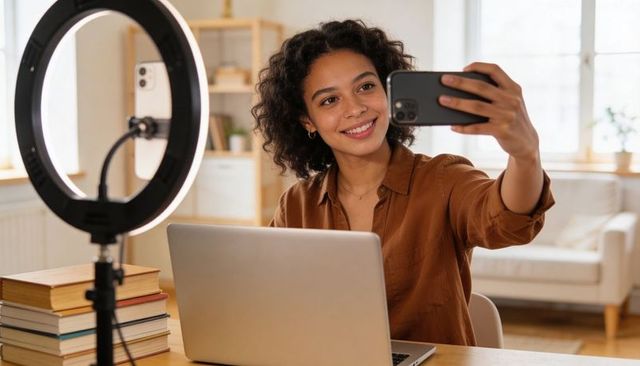 Smiling woman creating video content at home workspace with ring light and laptop for social media