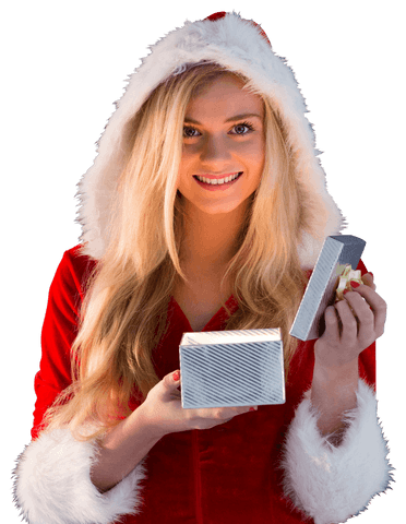Smiling female santa claus opening present, transparent background