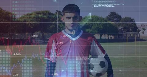 Soccer Player Holding Ball with Digital Analytics Overlay on Field