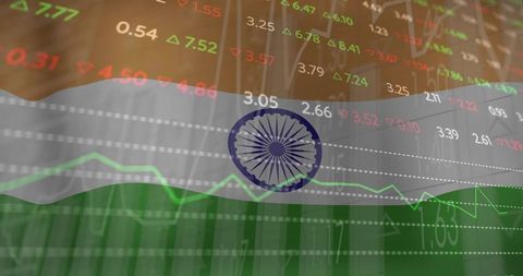 Indian tricolor flag waving over stock market with ashoka chakra and financial tickers