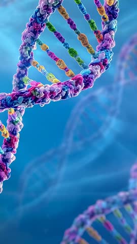 Vertical video of colorful DNA double helix rotating and pulsing inside cellular interior