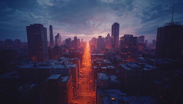 Urban Evening Glow Over Dusk Cityscape with Central Avenue