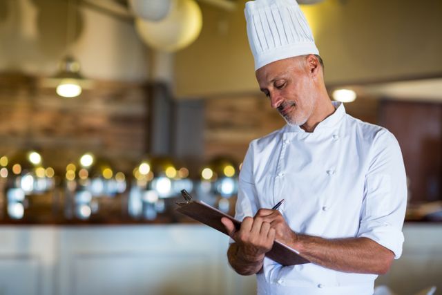 Chef writing on a clipboard in restaurant