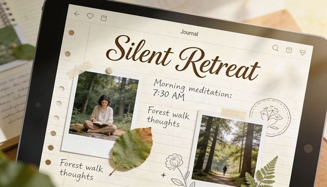 Silent retreat journal on tablet with polaroid-style forest mementos and pressed leaf