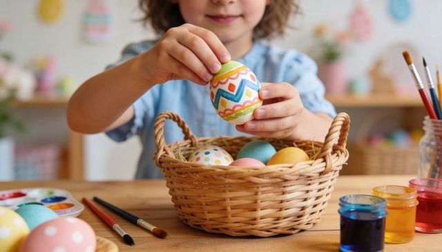 Child decorating colorful easter eggs at home table with wicker basket and paints