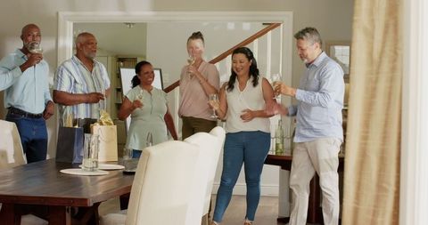 Diverse Senior Friends Celebrating at Home with Toasts and Joyful Moments