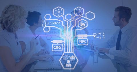 Diverse business meeting with digital interface overlay