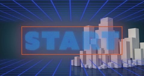 Digital city start interface with futuristic grid background