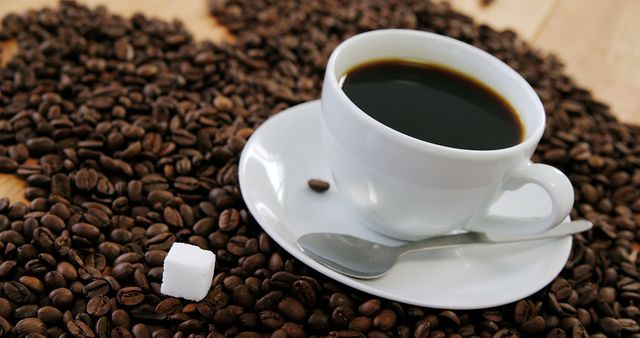 Fresh Cup of Coffee with Coffee Beans and Sugar Cube - Download Free Stock Photos Pikwizard.com