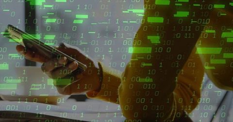 Tapping smartphone with binary code overlay representing cybersecurity and data protection