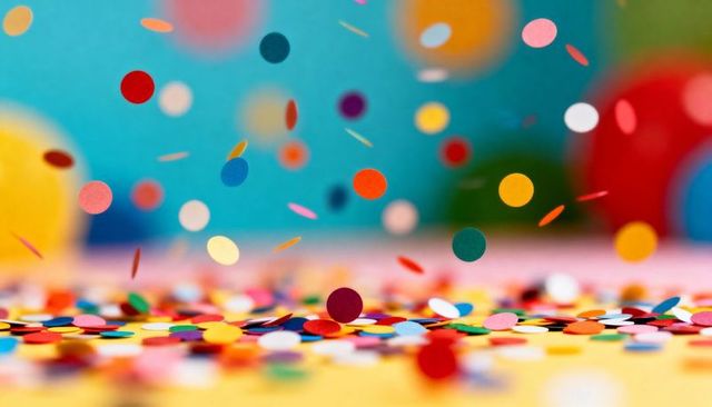 Floating multicolor confetti discs creating vibrant festive layer over colorful tabletop
