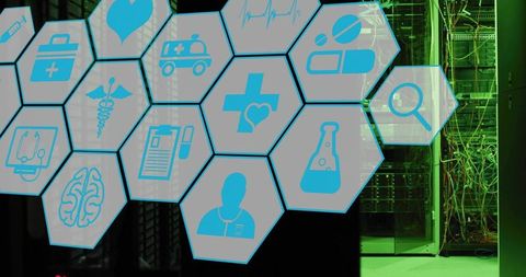 Hexagonal medical ui overlay on green server racks for healthcare data network