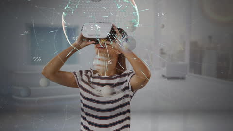 Futuristic Caucasian Woman Experiencing Virtual Reality with Data Overlay