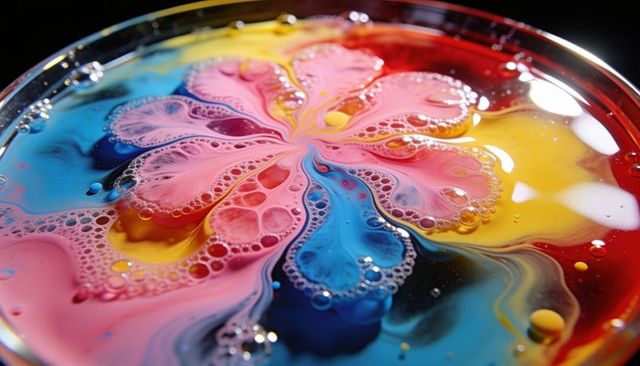 Swirling liquid flower forming with colorful pigments, glossy bubbles and reflections