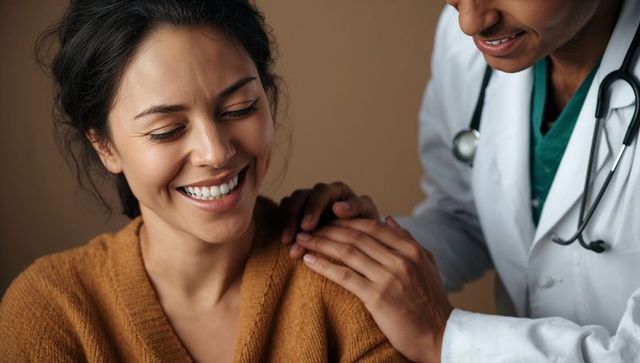 Doctor comforting smiling patient with gentle shoulder touch showing compassionate care