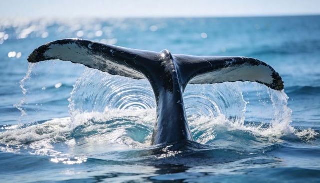 Humpback whale tail rising and diving with sunlit ocean spray and circular ripples