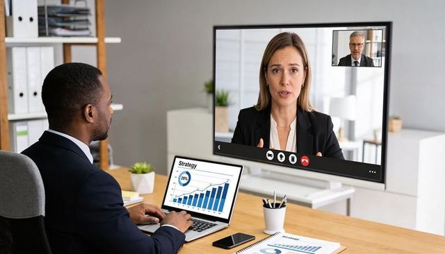 Executive presenting growth strategy in remote video conference with laptop chart