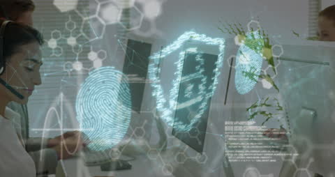 Digital Security with Holographic Icons and Professional Personnel