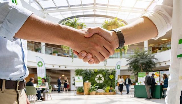 Business networking shaking hands at sustainable conference atrium with recycling displays