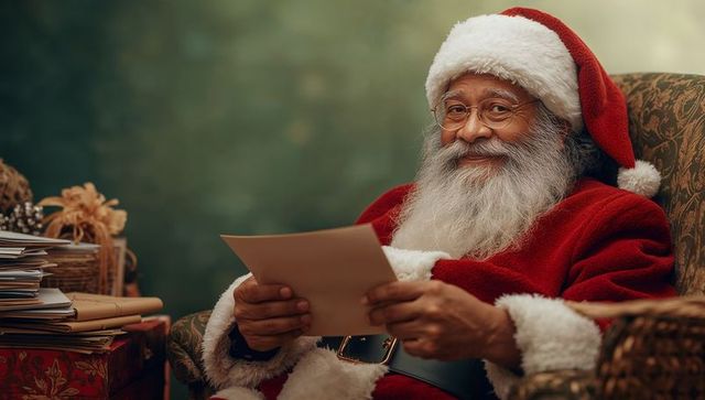Santa Claus Relaxing in Armchair Reading Christmas Letters