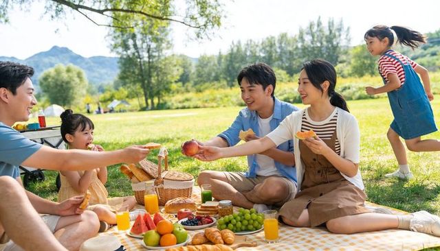 Multigenerational family enjoying picnic with fresh fruit and wicker basket in sunny meadow
