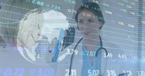 caucasian female doctor interacting amidst financial data overlay - Download Free Stock Images Pikwizard.com