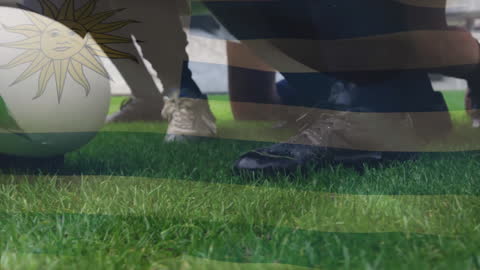 Rugby Players Train with Overlay of Uruguayan Flag