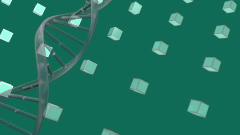 Animated DNA Strand with Floating Cubes on Green Background