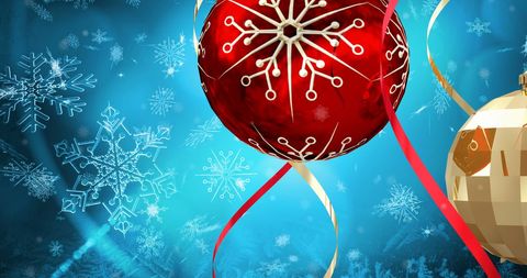 Festive Baubles with Snowflakes on Blue Winter Background